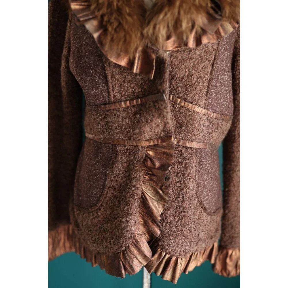 NWT Dolce Cabo Y2K Style Brown Ruffle Wool Jacket Raccoon Fur Fairy Grunge XL